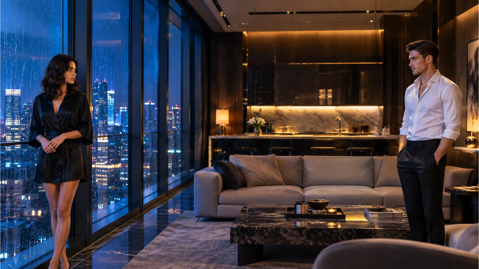 Two adults facing each other across a nighttime penthouse apartment