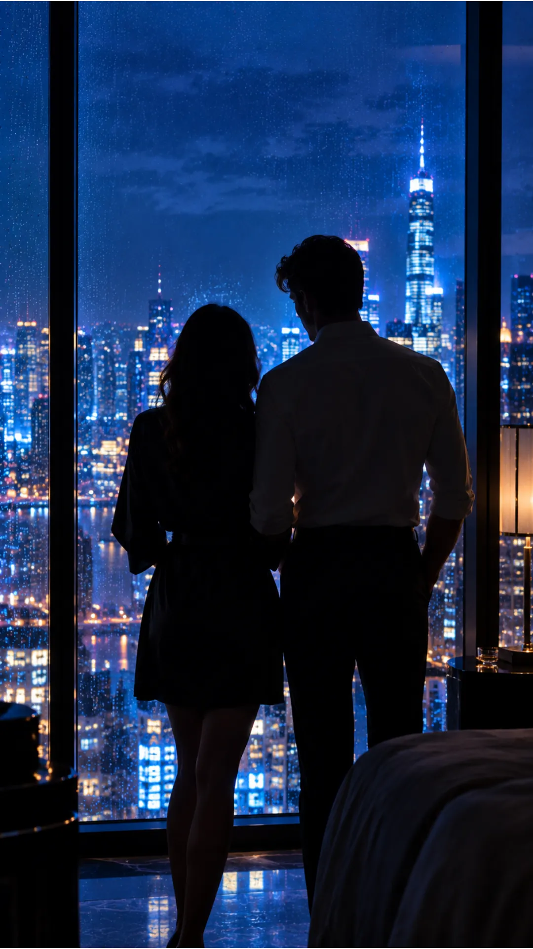 The couple stands together in silhouette before the city window