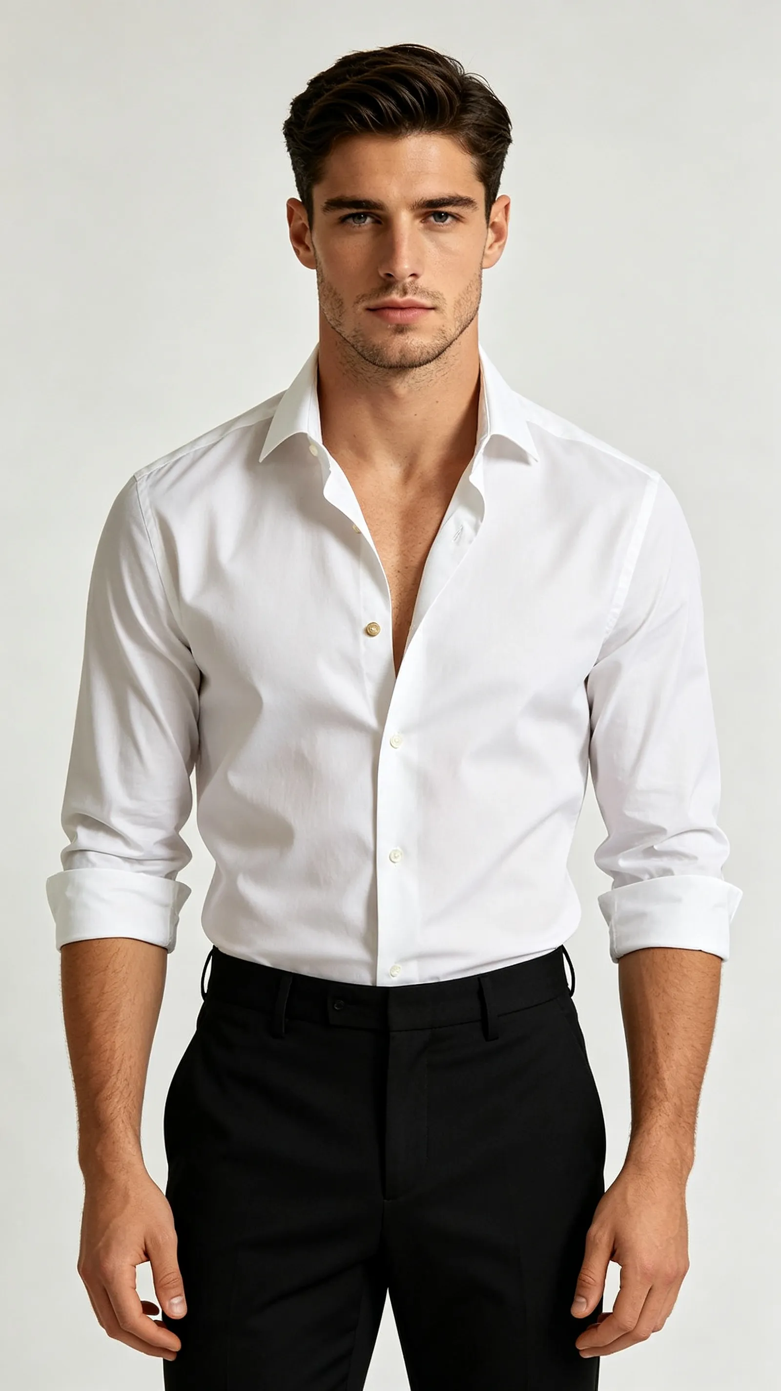 Character B reference portrait in a white shirt and black trousers