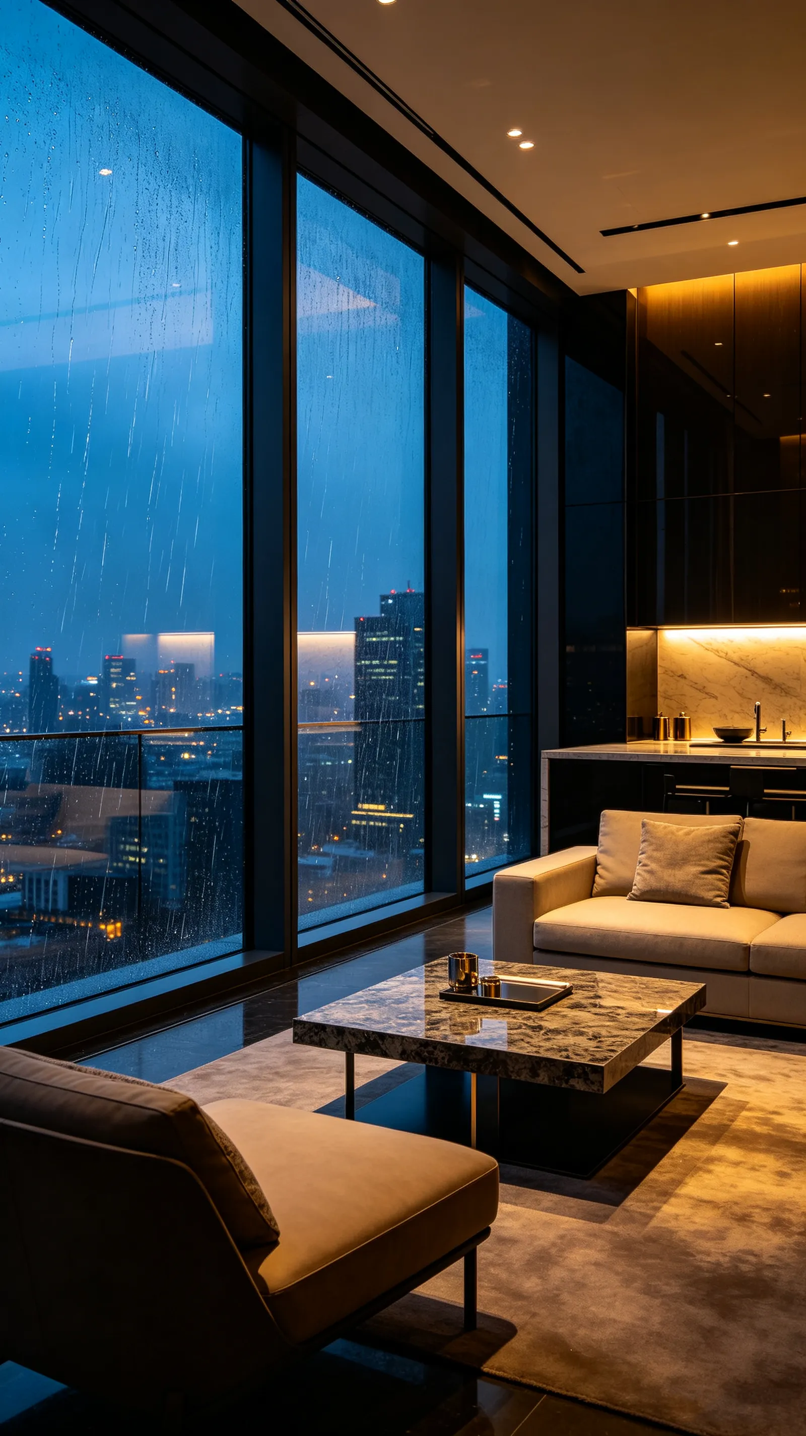Nighttime penthouse apartment setting reference