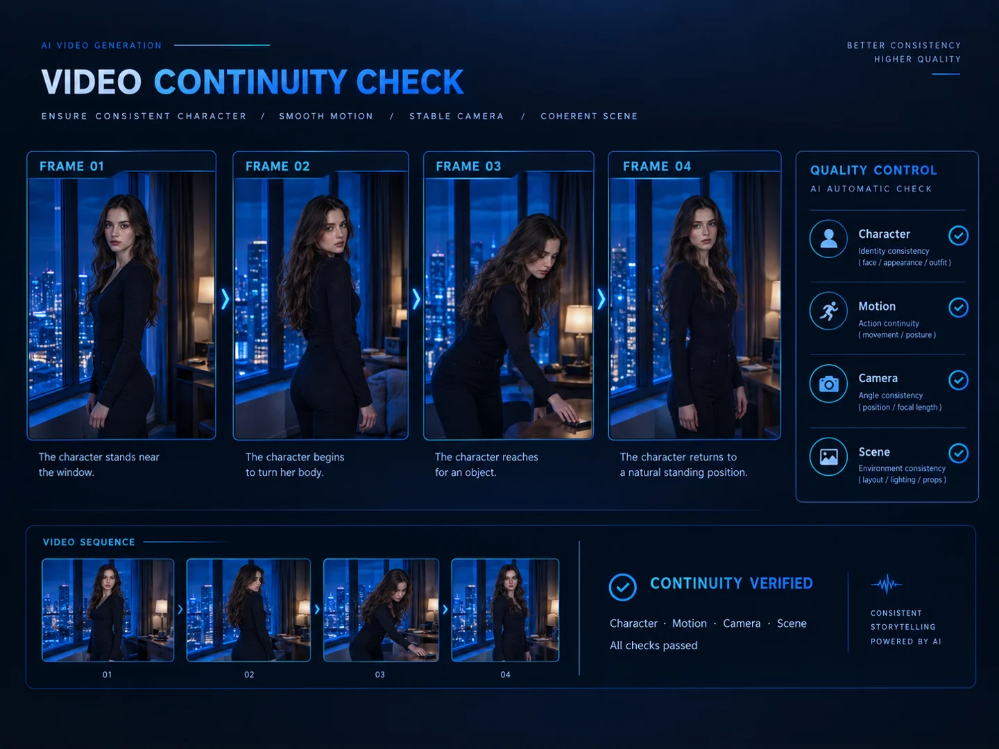 Three-frame continuity study showing consistent faces, positions, and window alignment
